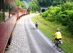 Go to Rails-to-Trails Conservancy: Rail-with-Trail Light rail cycle flatcar