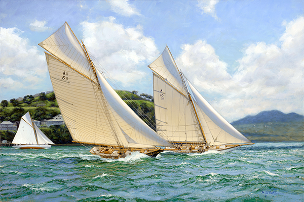 A-Class yachts Thelma, Waitangi, and Rainbow racing past North Head, oil on canvas, A.D. Blake