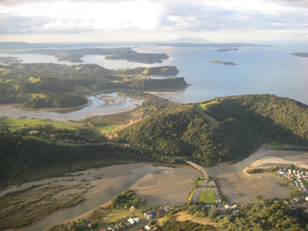Aerial view of the greater Mahurangi Regional Park from above Waiwera