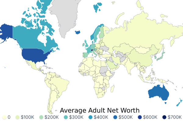 Map of global average adult net worth, by country, data 2022