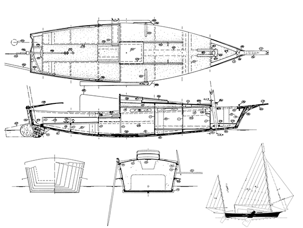 Plans, sections, and profile of Philip C Bolger design: Black Skimmer