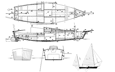 Plans, sections, and profile of Philip C Bolger design: Black Skimmer