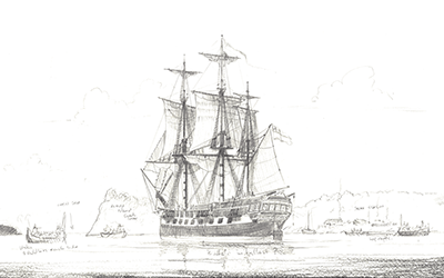 Modello of the oil-on-Polyflax “HMSS Buffalo off Spar Station Cove”