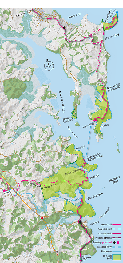 Map of the Mahurangi Coastal Path and the greater Mahurangi regional park