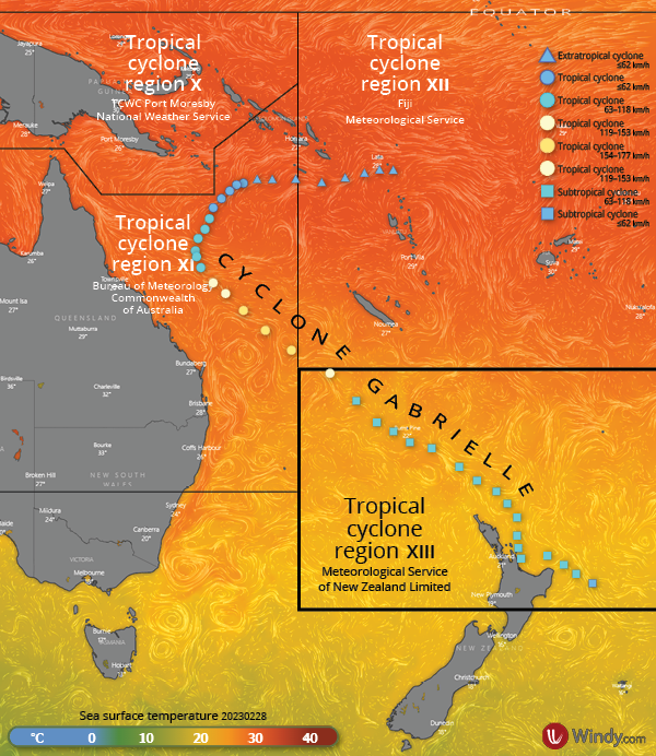 Cyclone Gabrielle track through tropical cyclone regions