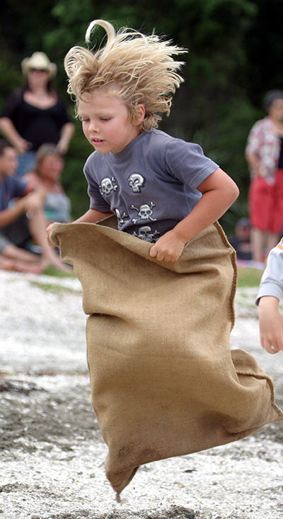 Sack-race competitor, Scotts Landing, Mahurangi Regatta 2006