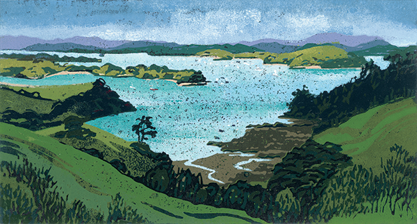 Huawai, Valerie Pendred linocut landscape