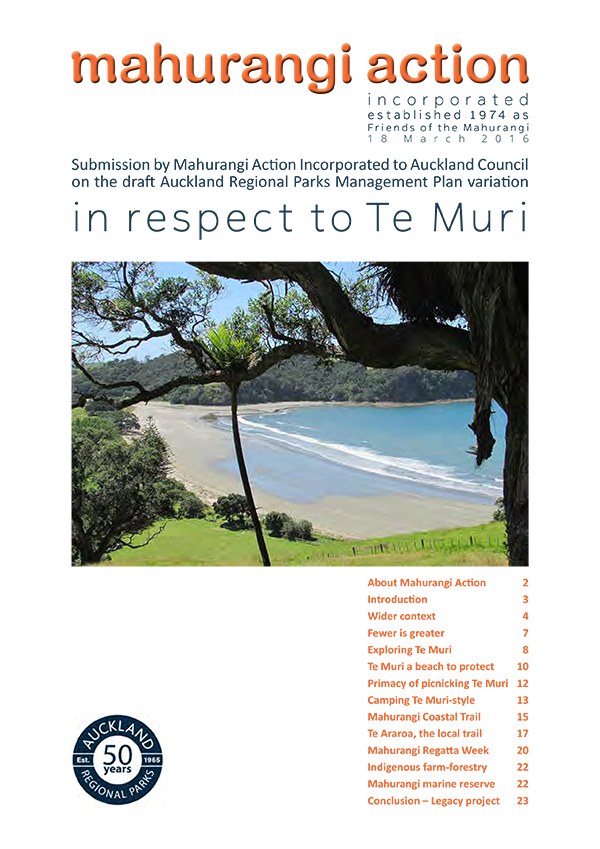 Mahurangi Action 2016 submission on draft Te Muri management plan variation