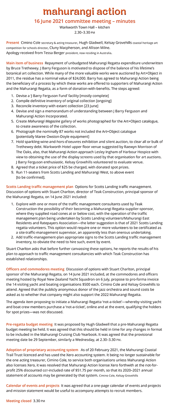 Mahurangi Action committee meeting 16 June 2021