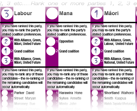 Mock ballot paper for preference voting party coalition stance