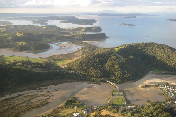 Aerial view of the greater Mahurangi Regional Park from above Waiwera