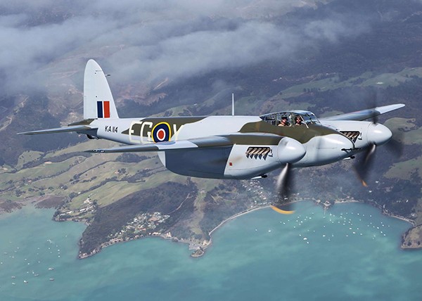 DH.98 Mosquito built by Avspecs Limited during test flight, 2013.