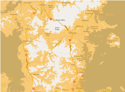 Go to heywhatsthat.com: Sea-Level Rise Kaipara-Mahurangi 80-metre sea-level rise