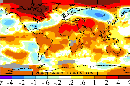 Mean surface temperature anomaly January to April 2010