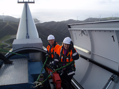 Dr Jan Wright aboard a Meridian wind turbine