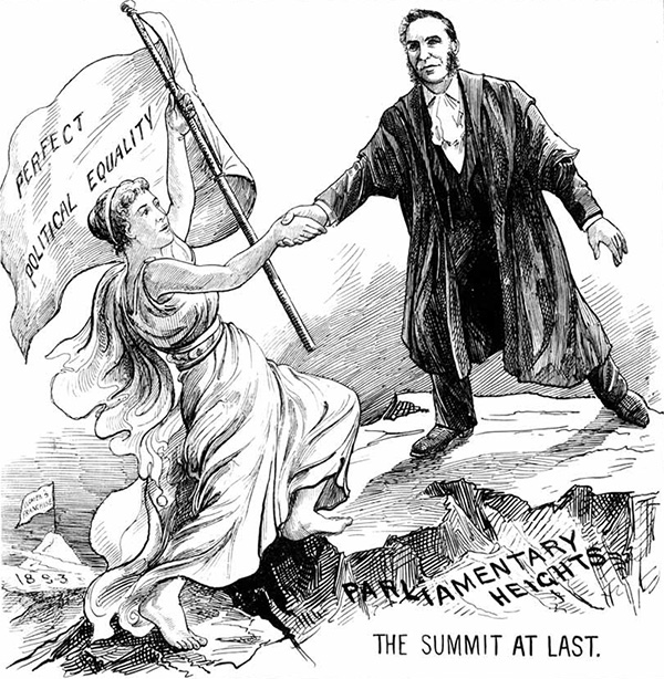 Go to New Zealand History: Women and the Vote Page 3 – Women’s suffrage milestones Cartoon, Parliamentary Heights the Summit at Last