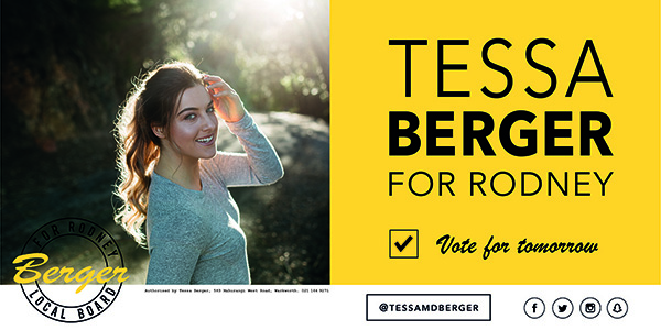 Tessa Berger for Rodney Local Board billboard, 2016