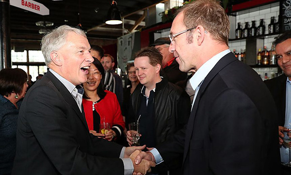 Phil Goff congratulated by Andrew Little