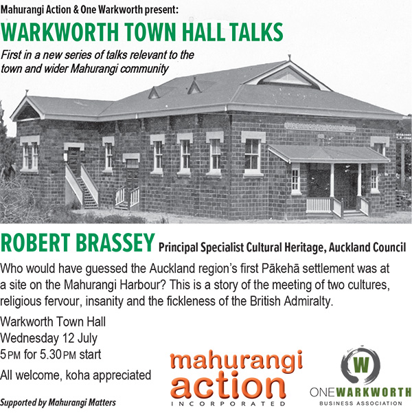 Jade River: A History of the Mahurangi – Gordon Browne and his Spar Station Warkworth Town Hall Talk flier
