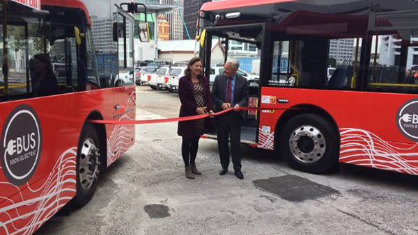 Associate Transport Minister Julie Anne Genter and Mayor Phil Goff launch battery-electric CityLink bus trial