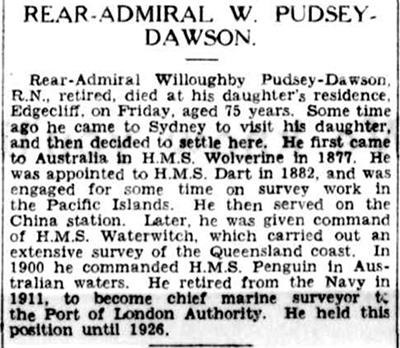 Obituary of Rear-Admiral W Pudsey-Dawson