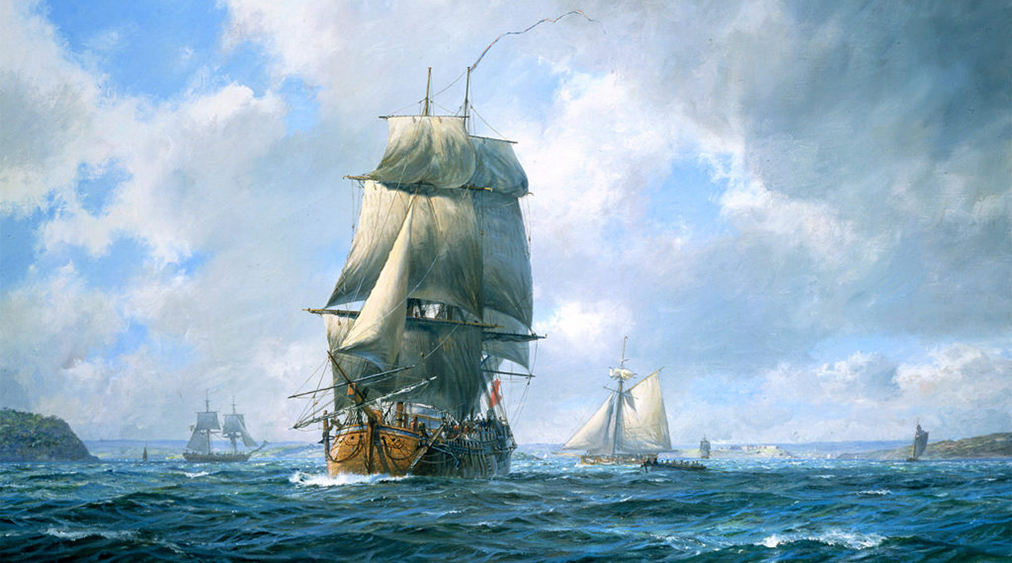 Close-up of the Endeavor Leaving Plymouth, by Geoff Hunt, from the Diploma Collection of the Royal Society of Marine Artists