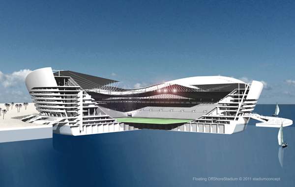 Go to Stuff: Auckland, How About an Underwater Waterfront Stadium? Floating stadium for FIFA World Cup 2022 in Qatar, section view