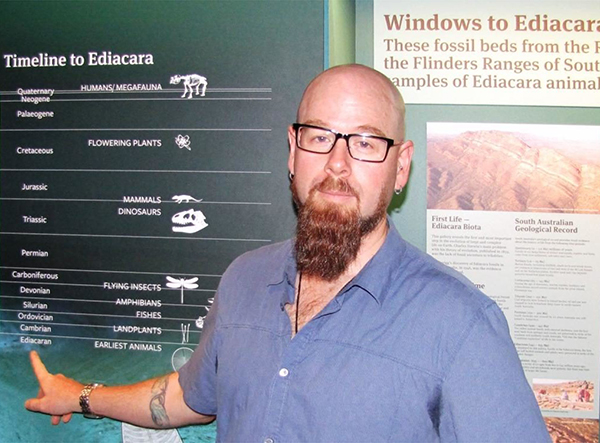 Professor Corey Bradshaw at the SA Museum Flinders Ranges fossil exhibition.