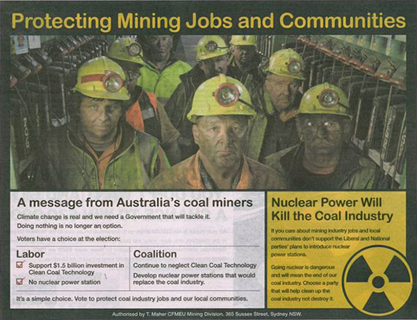 Anti-nuclear power Construction, Forestry, Mining and Energy Union newspaper display advertisement