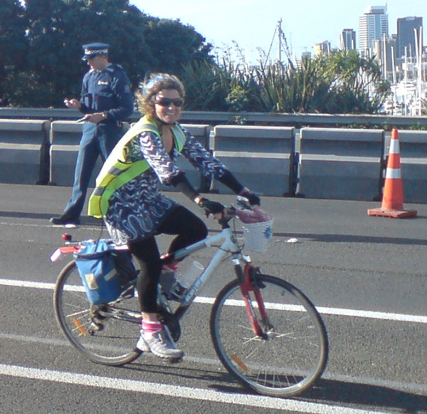 Christine Rose cycling Harbour Bridge, 2009