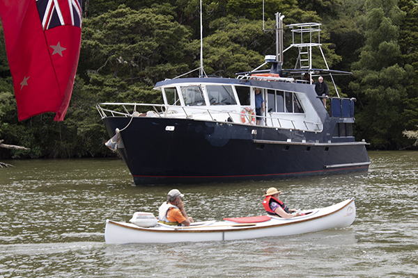 Brad and Gail Wynyard in motor-canoe