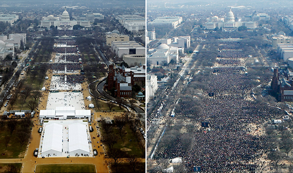 Go to the Atlantic: History Will Judge the Complicit Trump inauguration crowd, left, and Obama’s, right