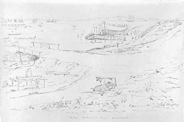 Go to Timespanner: A view of Mechanics Bay, 1850 Bridge, Mechanics Bay, Charles Heaphy, circa 1850