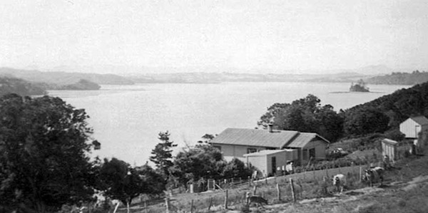 Nelson and Betty Lawrie’s Rose Cottage, 1941, Motukauri beyond