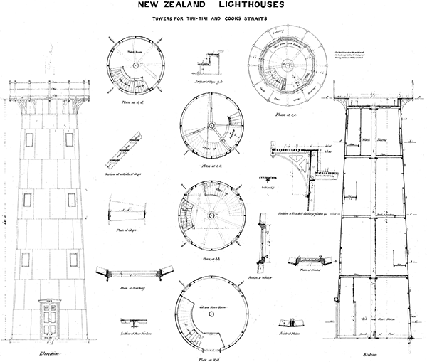 Drawings of tower for Tiritiri Matangi Lighthouse, and for that which subsequently became the Point Egmont Lighthouse