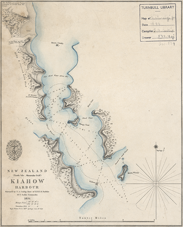 1834 chart of the Mahurangi Harbour by Frank A Cudlip, mate of the Royal Navy storeship Buffalo