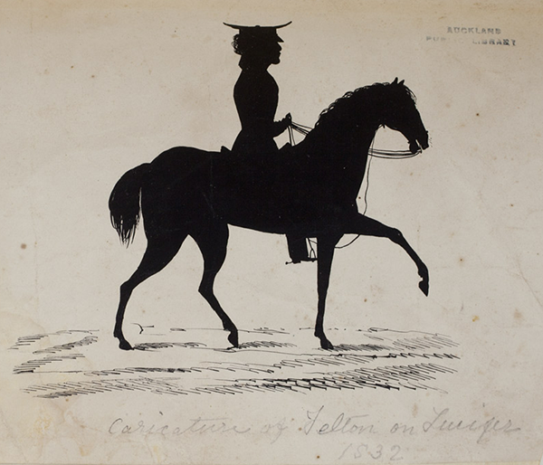 Caricature of Felton Mathew on his horse Lucifer