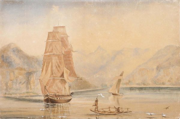 Royal Navy ship-sloop Fly and Bishop Selwyn’s topsail schooner Undine, Williams Bay, Vanuatu