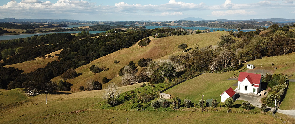 Mahurangi West Hall and Mahurangi Harbour vista, aerial